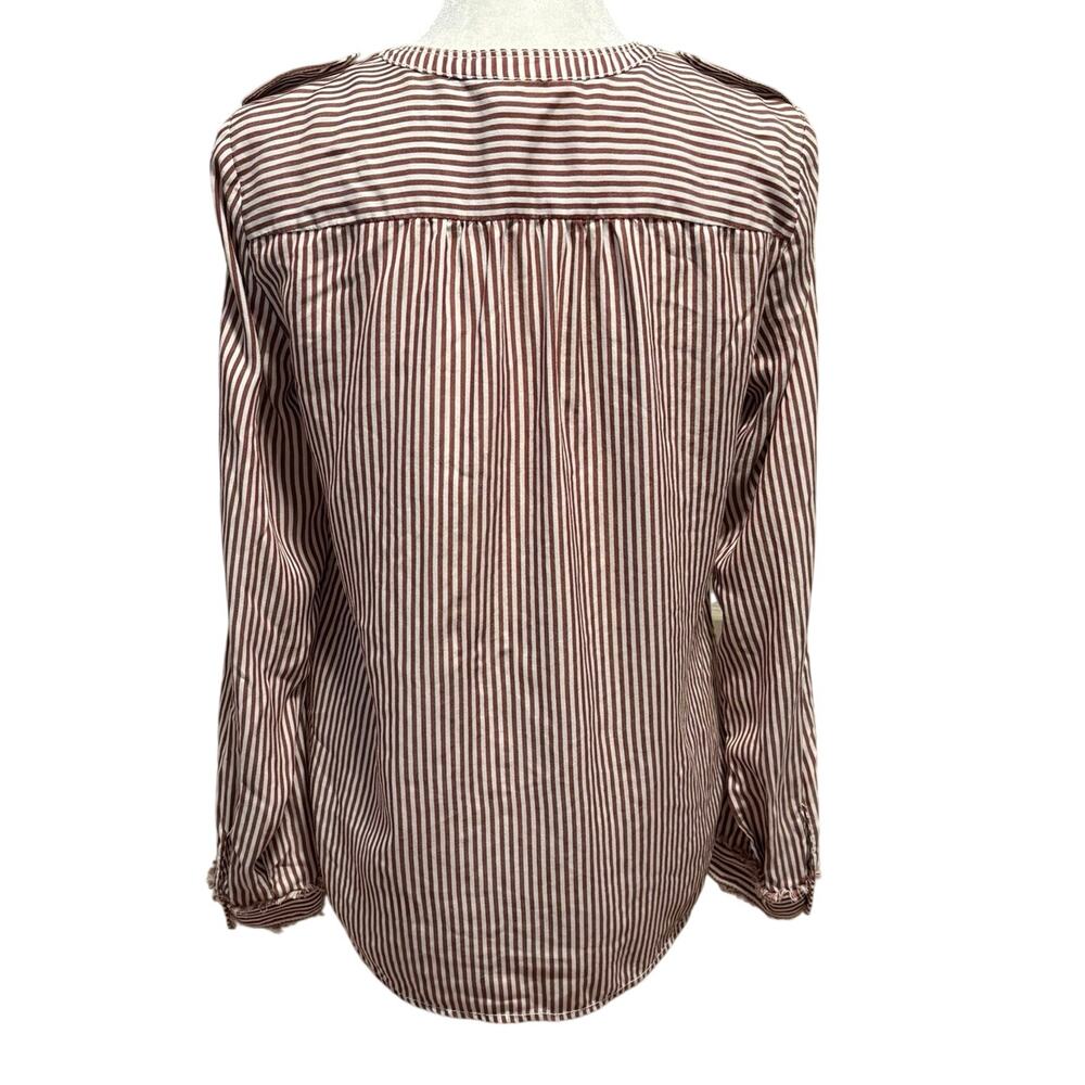 LL Bean Signature Womens Size 4 Button Up Shirt Striped Fray Detail Burgundy - Picture 2 of 6